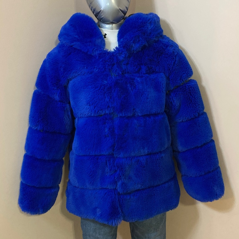 Plush Faux Fur Hooded Jacket - Bright Blue